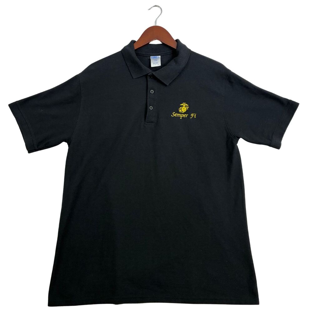 Port & Company US Marines Semper Fi Black Polo Shirt Men Large USMC Embroidered